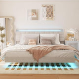 bzbbzc Floating King Size Bed Frame with RGB LED Lights & Charging Station, Upholstered Platform Bed with Hidden Storage Headboard & Shelves, Noise Free, Heavy Duty Frame, Beige bzbbzc