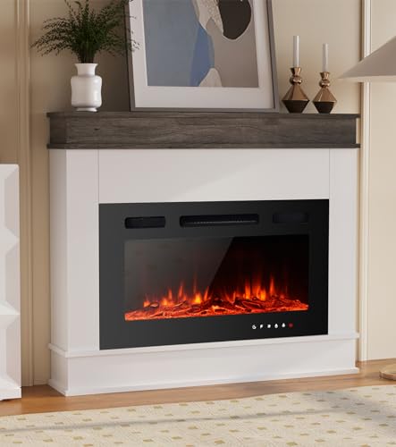 Maxhonor Electric Fireplace Inserts Freestanding Heater for The Living Room Floating Fireplace with 12 LED Colors with Logset and Stones,1500W/750W (30inch with Mantel,White) Maxhonor