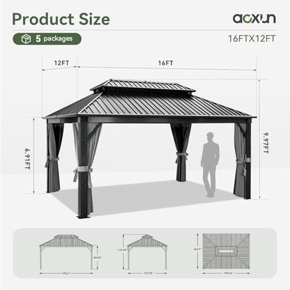 Aoxun 12FT X 16FT Hardtop Gazebo, Outdoor Pergolas with Mosquito Netting and Curtains, Galvanized Steel Double Roof Permanent Aluminum Gazebo, for Gardens, Decks, Patios, Parties