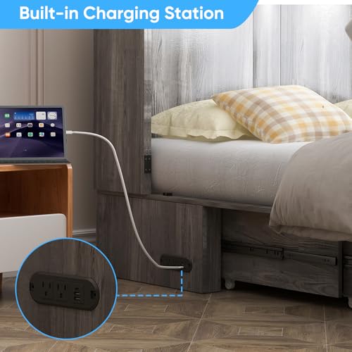 Mjkone Queen Size Murphy Bed with USB Charging Station, Farmhouse Murphy Cabinet with Tri-Folding Memory Foam Mattress, Modern Cabinet Beds with Large Storage Drawers for Living Room Home Office, Gray Mjkone