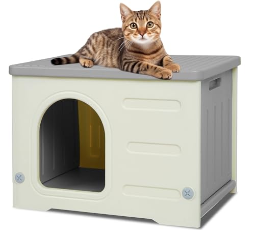 Waterproof Cat House Outdoor Indoor, Plastic Cat House for Outdoor Cats Feral Cat House Outdoor, Sturdy Cat Bed for Small Pet, Spacious, Assemble Easily -Grey Rockever