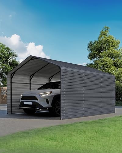 Heavy Duty Metal Carport, 10x15FT Outdoor Carport Canopy with Galvanized Steel Roof and Reinforced Base,Metal Side Panels,Sidewalls,Garage Shelter Shade for Cars,Trucks, Boats, Gray Real Relax