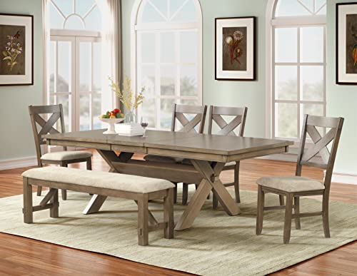 Roundhill Furniture Raven Wood 6-Piece Set, Extendable Trestle Dining Table with 4 Chairs and Bench, Glazed Pine Brown - WoodArtSupply