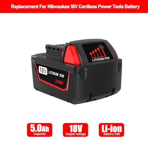 2Pack 5.0Ah 18V Lithium-ion Battery Replacement for Milwaukee M18 Battery, Replacement for Milwaukee M18 Cordless Power Tools 18V Batteries 48-11-1850 48-11-1840 48-11-1812 and 18 Volt Charger Volvmakz