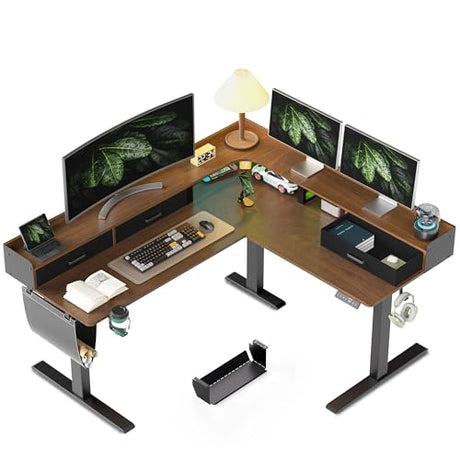 WALKINGDESK 63 Inches Height Adjustable L Shaped Standing Desk with 3 Drawers and Monitor Shelf, Electric Sit to Stand Home Office Comupter Table, Ergonomic Corner Gaming Desk, Black Walnut WALKINGDESK