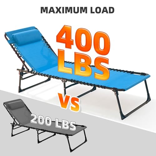 Foristrail Folding Chaise Lounge Chair Bed Set of 2 - Heavy-Duty 400lb Capacity Portable Adjustable Recliner w/Pillow for Patio, Pool, Camping, Sunbathing - Lay Flat Design (Blue)