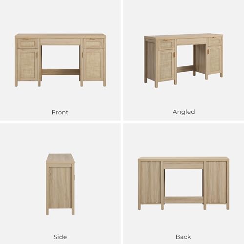 SICOTAS Rattan Vanity Home Office Desk - 52" Large Farmhouse Boho Makeup Vanity Dressing Table with 3 Drawers & 2 Storage Cabinets, Vanities Desk for Makeup Room, Bedroom, Home Office, Light Oak SICOTAS
