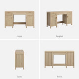 SICOTAS Rattan Vanity Home Office Desk - 52" Large Farmhouse Boho Makeup Vanity Dressing Table with 3 Drawers & 2 Storage Cabinets, Vanities Desk for Makeup Room, Bedroom, Home Office, Light Oak SICOTAS