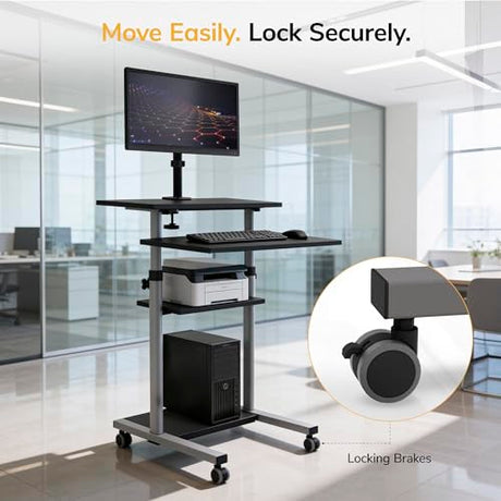 Mount-It! Mobile Computer Cart with Monitor Mount for Screen up to 32", Portable Desk on Wheels, Rolling Laptop Stand Teachers, Office, Classroom, Rise up to 53", Projector, Podium, Keyboard Tray Mount-It!