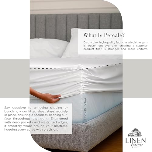 Linen Home 100% Cotton Percale Sheets Twin Size, White, Deep Pocket, 3 Pieces Set - 1 Flat, 1 Deep Pocket Fitted Sheet and 1 Pillowcase, Crisp Cool and Strong Bed Linen Linen Home