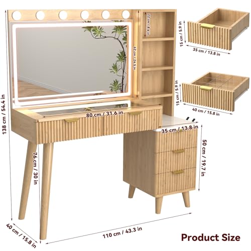 SFDOU 43" Fluted Makeup Vanity Desk with 32" Mirror and Lights, Modern Glass Top Large Vanity Table with 5 Drawers and 3 Storage Shelves, Dressing Table Set with Charging Station for Bedroom-Gray SFDOU