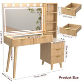 SFDOU 43" Fluted Makeup Vanity Desk with 32" Mirror and Lights, Modern Glass Top Large Vanity Table with 5 Drawers and 3 Storage Shelves, Dressing Table Set with Charging Station for Bedroom-Gray SFDOU
