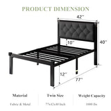 Feonase Twin Size Metal Bed Frame with Linen Upholstered Headboard, Heavy-Duty Platform Bed Frame with 12" Storage, Steel Slats Support, No Box Spring Needed, Gray Feonase