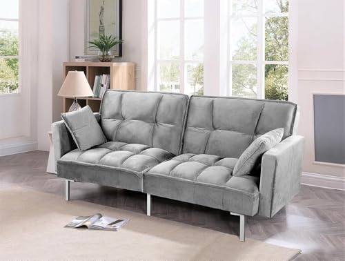 Container Furniture Direct Regal 75.6" Velvet Convertible Sofa Bed - Mid-Century Sleeper Couch w/Tufted Design & Metal Legs - Pull-Out Futon for Guests/Home (75.6" W x 34.6" D x 32" H), Grey Container Furniture Direct