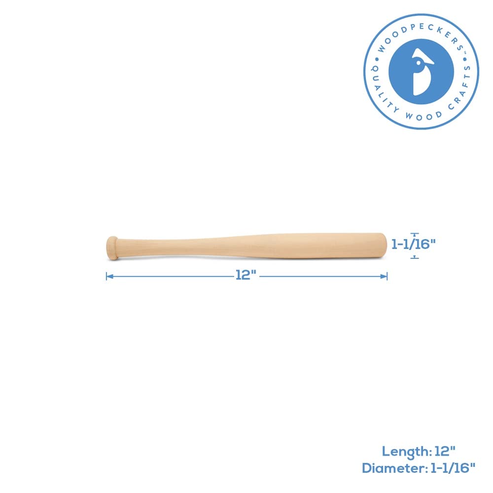 Wood Baseball bat 12 Inch Pack of 2 Unfinished Mini Wood Baseball Bat, Small Bat, Party Decor, Bedroom, Crafts, by Woodpeckers Woodpeckers