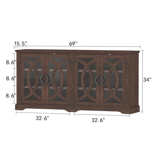 wanan 69" Sideboard Buffet, Farmhouse Buffet Cabinet with 4 Glass Barn Doors, Wood Sideboard Storage Cabinet for Kitchen, Dining Room, Living Room, Antique Brown