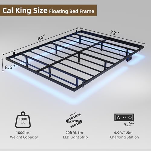 Muluflower Floating Bed Frame California King Size with Charging Station and LED Lights, Metal Platform Bed Frame, No Box Spring Needed, Easy Assembly, (California King) Muluflower