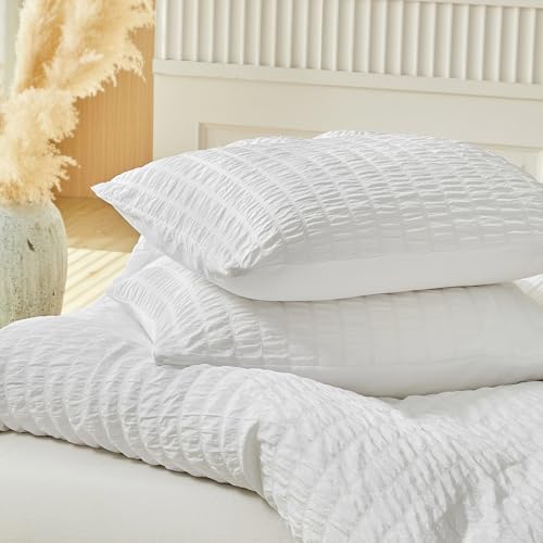 WARMDERN Duvet Cover Set Queen Size, 3pcs Washed Microfiber White Bedding Set, Soft Breathable Striped Textured Seersucker Duvet Cover with Zipper Closure & Corner Ties(White, Queen) WARMDERN