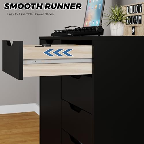 Panana 5-Drawer Chest with 1 Door, Wooden Chest of Drawers Storage Dresser Cabinet with Wheels, Office Organization and Storage, Bedroom Furniture (Black-S) Panana