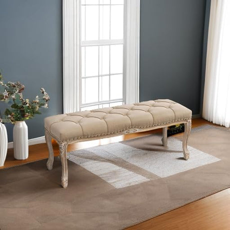 Cozyman Bedroom Bench, French Vintage Tufted Entryway Bench, 45.2" Carving Upholstered End of Bed Bench with Distressed Wood Legs, Linen Ottoman Seat for Living Room, Foyer, Dining Room, Wheat Cozyman