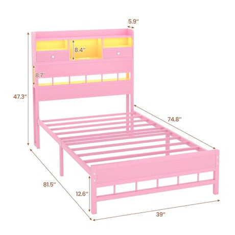 BTHFST Twin Bed Frame with Storage Headboard & Charging Station, LED Bed Frame Twin with 5 Shelves & Under Bed Storage, Platform Bed Frames for Kids, No Box Spring Needed, Pink BTHFST