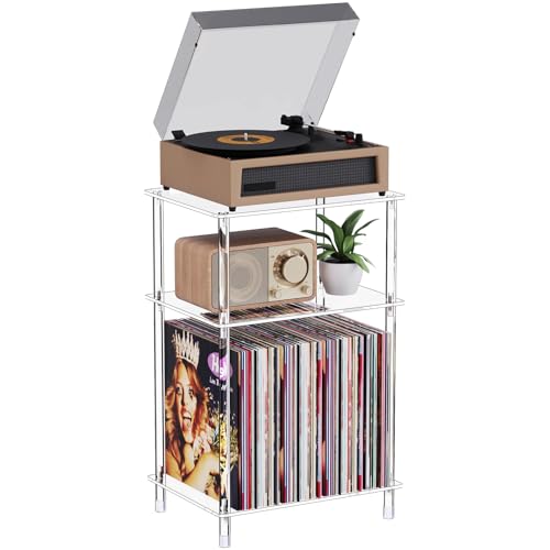 Bekugee Clear Acrylic Record Player Stand with Vinyl Storage, 15.75" L x 11.81" W x 24.5" H, 3 Tier Small Side Turntable Table with Album Shelf, Modern Bedside End Table for Living Room, Bedroom Bekugee