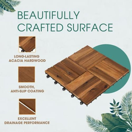 Idzo Interlocking Deck Tiles - 10PCS Waterproof Acacia Wood Patio Tiles, Floor Tiles for Balcony, Backyard, Indoor and Outdoor use - Decking Checker Pattern, 12 x 12 x 0.9 Inches, Golden Teak IDZO
