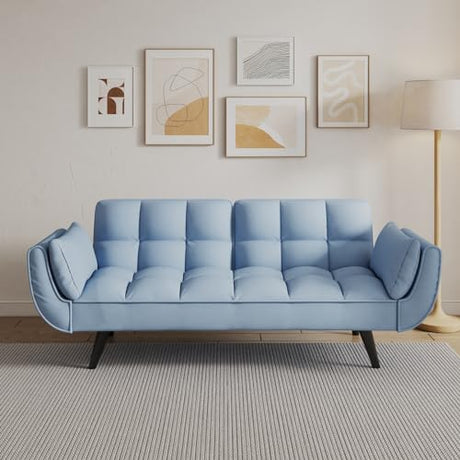 Majnesvon Velvet Futon Sofa Couch Bed with 2 Pillows, Convertible Folding Futon Couch with Adjustable Backrest, Love Seat Sleeper Sofa Bed for Small Spaces, Living Room, Office, Apartment (Blue) Majnesvon
