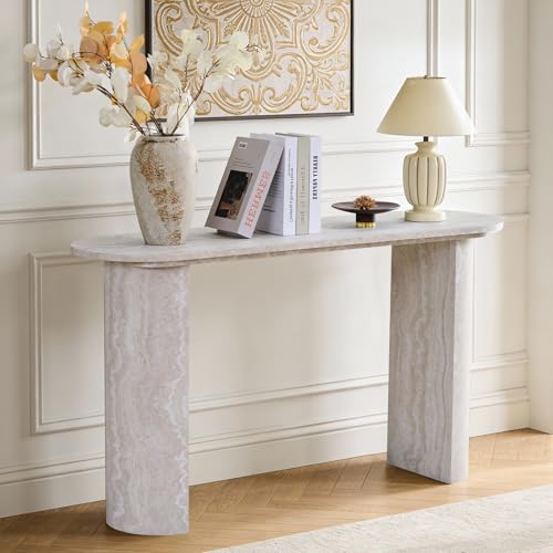 BFJDM 55" Faux Travertine Stone Console Table for Entryway, Sofa Entrance Table with Faux Mars Marble Pattern, Modern Sofa Tables with Rounded Curved Edges for Living Room, Hallway, Foyer, Beige BFJDM