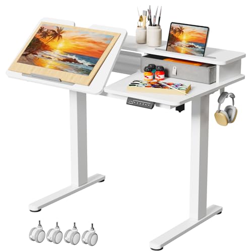 White Standing Desk，60° Tiltable Height Adjustable Electric Rising Desk，40Inch Foldable Mobile Laptop Table with Shelf,Monitor Stand, Drawer ,Flippable Drafting Workstation on Wheels for Kids’ Drawing Gibbon Mounts