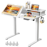 White Standing Desk，60° Tiltable Height Adjustable Electric Rising Desk，40Inch Foldable Mobile Laptop Table with Shelf,Monitor Stand, Drawer ,Flippable Drafting Workstation on Wheels for Kids’ Drawing Gibbon Mounts