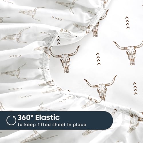 Wake In Cloud - Western Bed Sheets, 4-Piece Sheet Set, Southwestern Rustic Bull Head Aztec Style Pattern Printed Bedding, Deep Pocket, Brown White, Full Size Wake In Cloud