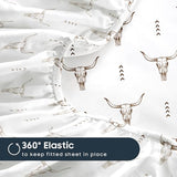 Wake In Cloud - Western Bed Sheets, 4-Piece Sheet Set, Southwestern Rustic Bull Head Aztec Style Pattern Printed Bedding, Deep Pocket, Brown White, Full Size Wake In Cloud