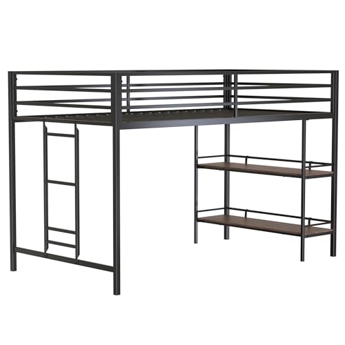 LOPOO Twin Loft Bunk Bed with Cinnamon Wood Shelf and Black Metal Frame - Stylish Space-Saving Solution for Kids - WoodArtSupply