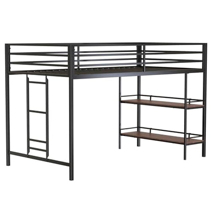 LOPOO Twin Loft Bunk Bed with Cinnamon Wood Shelf and Black Metal Frame - Stylish Space-Saving Solution for Kids - WoodArtSupply