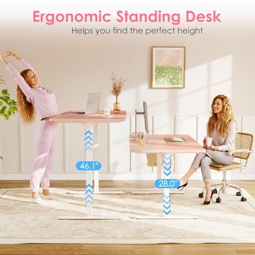 OffiGo Electric Height Adjustable Standing Desk, 40 Inch Pink Computer Desk for Women Girls, Sit Stand Table for Home, Office, Bedroom OffiGo