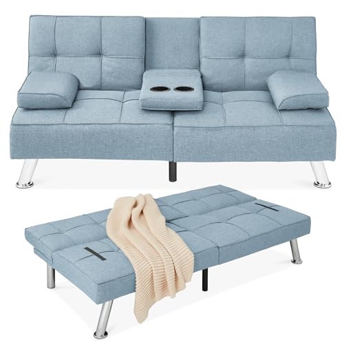 Best Choice Products Linen Modern Folding Futon, Reclining Sofa Bed for Apartment, Dorm w/Removable Armrests, 2 Cupholders - Light Blue Best Choice Products