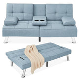 Best Choice Products Linen Modern Folding Futon, Reclining Sofa Bed for Apartment, Dorm w/Removable Armrests, 2 Cupholders - Light Blue Best Choice Products