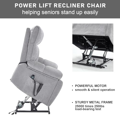RHHVVR Oversized Power Lift Recliner Chair with Massage and Heating, 24.8" W Big Lay Flat Lift Recliner for Elderly, Medium-Firm Electric Recliners with Hidden Cup Holders,Gray RHHVVR