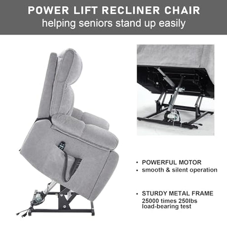 RHHVVR Oversized Power Lift Recliner Chair with Massage and Heating, 24.8" W Big Lay Flat Lift Recliner for Elderly, Medium-Firm Electric Recliners with Hidden Cup Holders,Gray RHHVVR