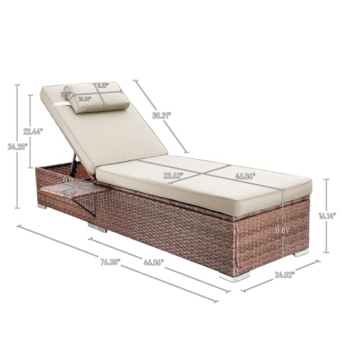 Rophefx Outdoor PE Wicker Patio Lounge Chairs Set of 2, Outside Rattan Pool Lounge Chair with Cup Holder & Adjustable Backrest, Brown Rattan Recliners for Poolside Deck Beach Yard (Beige Cushions)