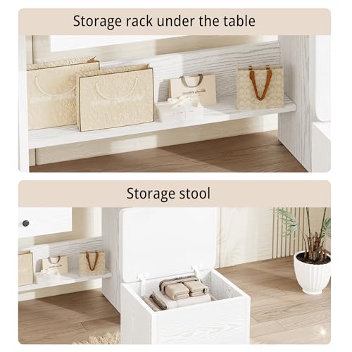IRONCK Vanity Desk with Mirror and LED Lights, Jewelry Cabinet, Makeup Dressing Table Set with Drawers, Storage Shelves, for Bedroom, 65.3 H White IRONCK