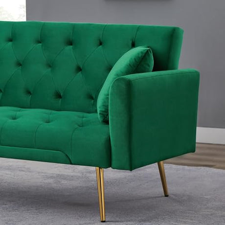 71.65'' Convertible Sofa Bed Modern Futon Set, Velvet Foldable Reclining Loveseat, Three Adjustment Angles,Mid Century Modern Couches for Living Room/Bedroom/Apartment, Easy Assembly,Green Meqiodas