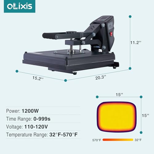 OLIXIS Heat Press, 15x15 Heat Press Machine for T Shirts with LCD Display & Memory Mode, 1200W Heat Transfer Machine for Bags, Pillows, Aprons OLIXIS