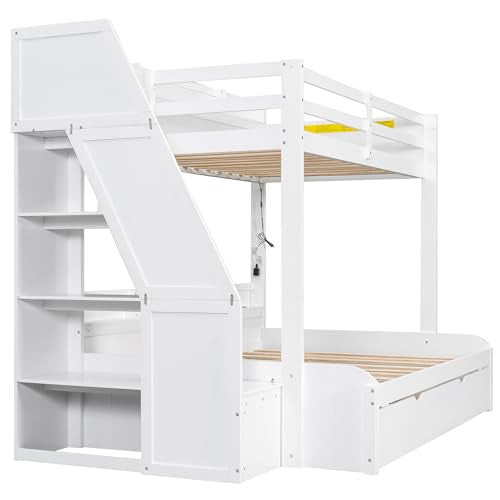 Bellemave Twin Over Full Bunk Bed with Storage Staircase, Trundle, Built-in Shelves & USB Charging Station, Space-Saving Design Bunk Bed Frame for Kids Teens, Solid Wood & MDF, White Bellemave