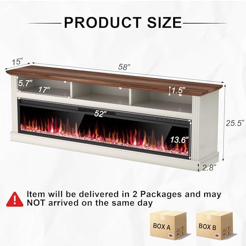 Spurgehom 58" Fireplace TV Stand for TVs Up to 65" with 52" Electric Fireplace,White Entertainment Center,Led Light TV Consoles for Living Room,Farmhouse Media Console Table Spurgehom