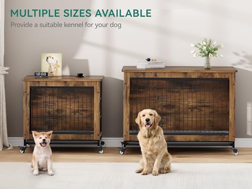 YITAHOME Dog Crate Furniture with Cushion, Dog Kennel Indoor with Wheels, Dog Crate End Table with Tray, 27" Dog Cage with Double Doors for Small Dog (Rustic Brown) YITAHOME