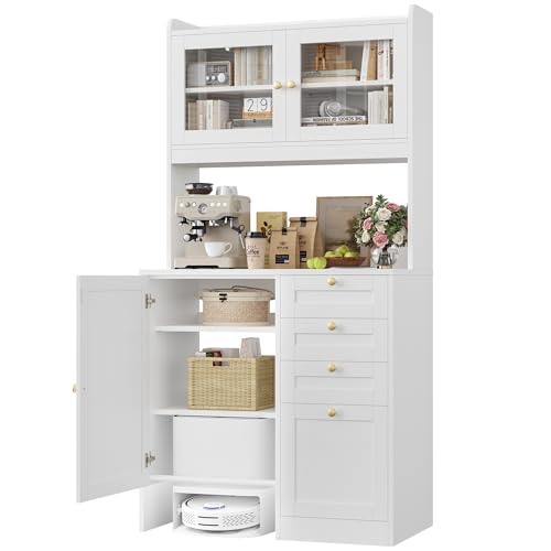 70.8"H Tall Robot Vacuum Stand Cabinet with 4 Drawers for Hanging Files, Pantry Storage Cabinet with Microwave Stand Printer Stand and Adjustable Shelves Bookcase for Living Room, Office, White Keyluv