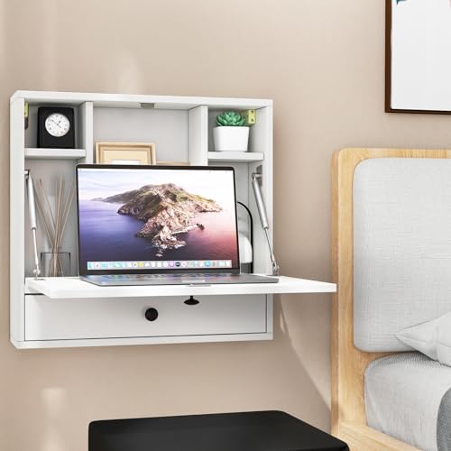 IFANNY Folding Wall Desk, Wood Wall Mounted Desk with Storage Drawer and Shelves, Fold Down Wall Mount Laptop Desk, Corner Floating Desk for Small Spaces (White) IFANNY