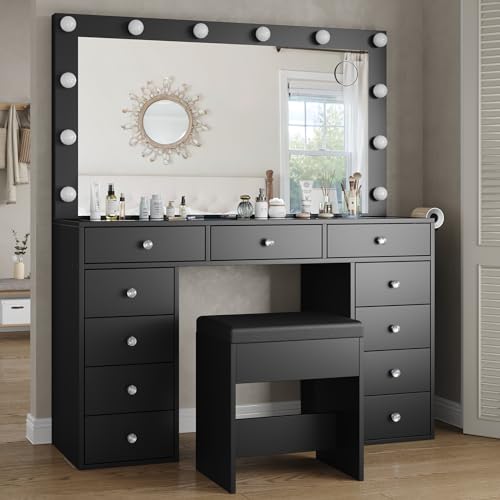 Yanosaku Vanity Desk & Power Outl, Makeup Vanity with Mirror and 12 LED Lights, Makeup Table with 11 Drawers, Vanity Table with Chair，Vanity Set 3 Lighting Modes Brightness Adjustable(Black) - WoodArtSupply